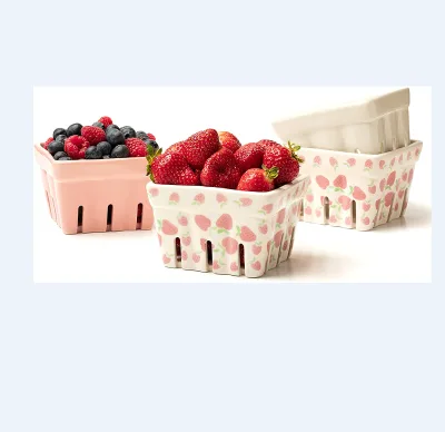 Farmhouse Ceramic Berry Basket Colander Strawberry Decor Fruit Bowls Ceramic Fruit Baskets Kawaii Strawberry Kitchen Bowl