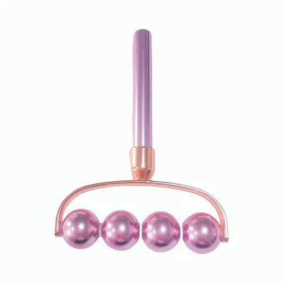Portable Aluminum Alloy 4-Roller Beads Beauty Massager, Rose Pink Electroplated Finish for Face Lifting & Skin Tightening