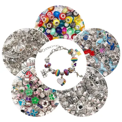 Wholesale Cheap Bulk Charm Bead 10pcs/bag Mixed Glitter Spacer Beads Silver Plated Alloy Resin Wedding Gift Party Bracelet