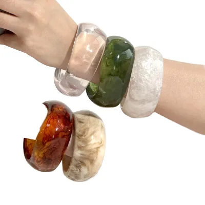 High Grade 33mm Super Wide Chunky Acrylic Bangles for Women Stackable Irregular Smudged Resin Bracelets Fashionable Bangles