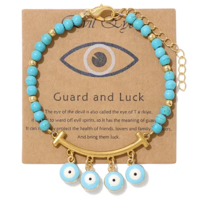Boho 4mm Stone Beaded Bracelet Devil's Eye Charm Bracelet With Stainless Steel Connector Protection Lucky Bracelets Gifts