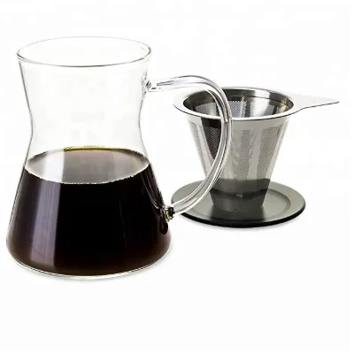 OEM 2021 Glass Coffee Dripper Pot Drip-in-mug with Stainless Dripper and Lid 12oz Coffee Dripper Glass