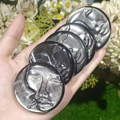 Natural Flat Carved Black Obsidian Sun Moon God Amulet Pendant for Jewelry Making