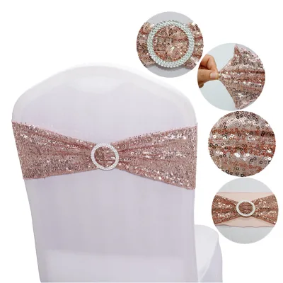 Wholesale Elastic Rose Gold Sequin Spandex Banquet Wedding Chair Bands