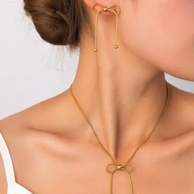 Korean Jewelry Bow Tie Earrings Necklace Set Stainless Steel Butterfly Earring Stud Gold Plated Bow Necklace