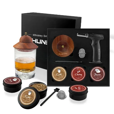 Premium Whiskey Gift Set Wood Cocktail Smoke Infuser Whiskey Smoker Kit With Torch and Oak Cherry Pecan Wood Chips in Gift Box
