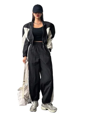 OEM Women Color Block Two Piece Jogger Set Zip up Jacket and Wide Leg Pants Sportswear for Autumn