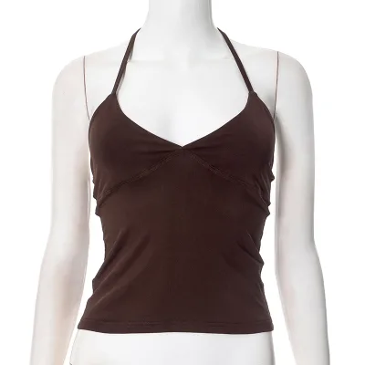 European Women's Summer and Spring New Arrivals - Solid Color V-neck Collarless Tied Waistband Fitted Sheer Backless Sexy Top