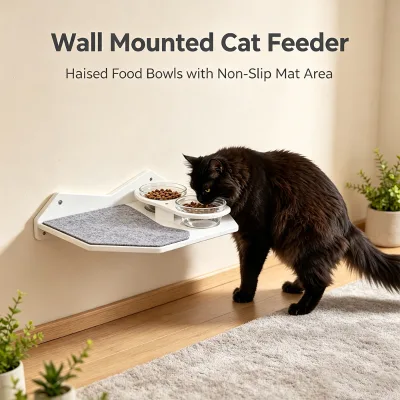 Space Saving Floating Cat Shelf With Food Water Bowl Holder and Non Slip Pad for Small Apartment Vertical Activity Center