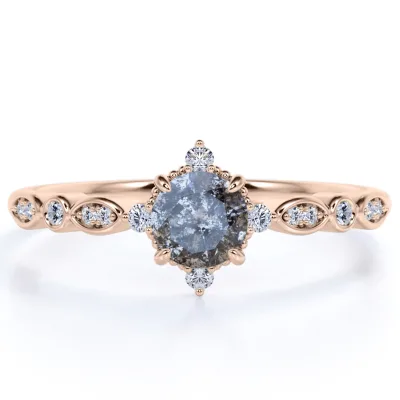 Petite Star 1.08 Carat Round Cut Salt and Pepper Diamond and White Diamond Marquise Wedding Ring in Rose Gold