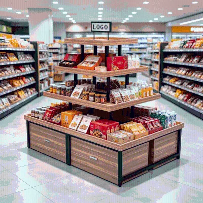 Customized Modern Wooden Fruit Display Rack Supermarket Retail Display Shelf Fixture with 450mm Depth 1350mm Height 1000mm Width