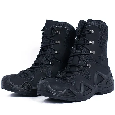 Custom High-quality Black Leather Lace-up Tactical Boots Breathable Wear-Proof Rubber Sole Hiking Outdoor Sport Shoes