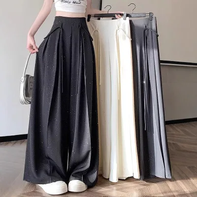 Women's Glitter Sequin Blazer Casual Pants 2026 Summer New Draping High Waist Slimming Wide Leg Palazzo Pants Floor Length