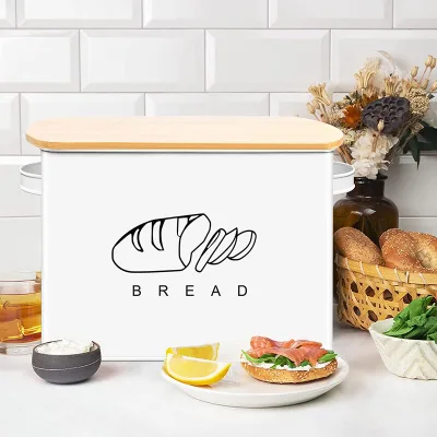 Stainless Steel Corner Bread Box Household Food Storage Bin Metal Bread Box With Wooden Lid