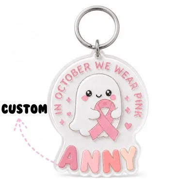 Personalized Ghost Pink Ribbon Keychain in OCTOBER WE WEAR PINK Acrylic Keychain Halloween Breast Cancer Awareness Keychain