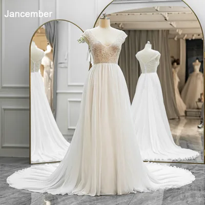 For Jancember RL238 2024 Modern Style Deep V Neck Wedding Dress Sexy Lace with Crystal & Appliques Floor-Length Lace up Back Des