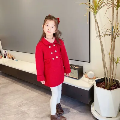 2023 Spring and Autumn New Children's Clothing Girls' Wool Woolen Coat Mid-Length Big Red Coat