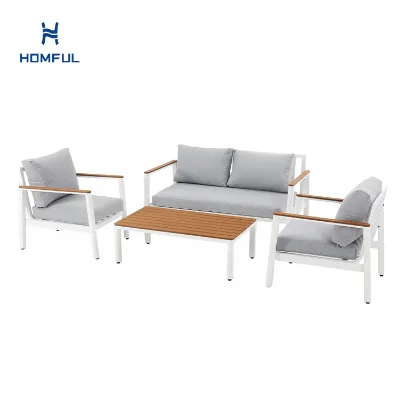 HOMFUL 4-Piece Aluminum Patio Conversation Set Powder-Coated Frame WPC Accents Gray Zipper Cushions Outdoor Sofa Seating