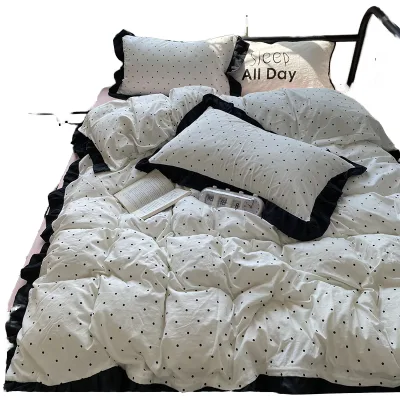 New-style Modern Washed-cotton Double-layer Gauze Lace-edged Folded Four-piece Striped/Solid Hospital Home Polka Dot Bed Set
