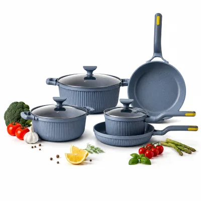 Die-cast Non Stick Glass Lid Food-grade Cookware Set Blue Vertical Grain Japan Cookware Set of 4 New Set Commercial Restaurant