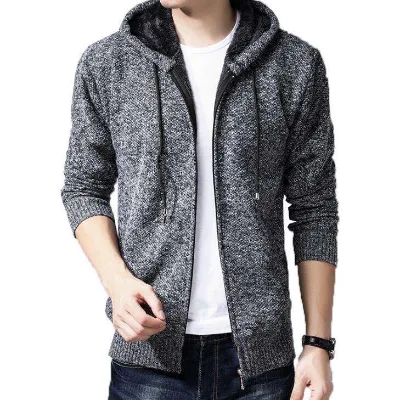 Men's Cardigan Sweater Plus Fleece Jacket Winter Thickened Slim Hooded Sweater Plus Fleece Sweater Men's Foreign Trade Explosion