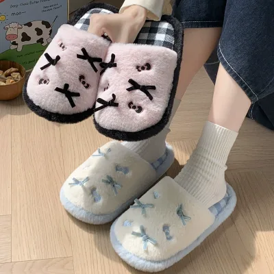 Women Soft Plush House Slippers Cute Pink Bow Heart Embroidery Closed Toe Winter Warm Guest Fluffy Indoor Bedroom Slippers