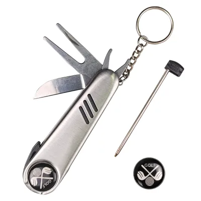 Stainless Steel 6-in-1Multi-Function Golf Tool Foldable Golf Divot Tool Knife Wrench Tool Ball Marker Brush Score Pen