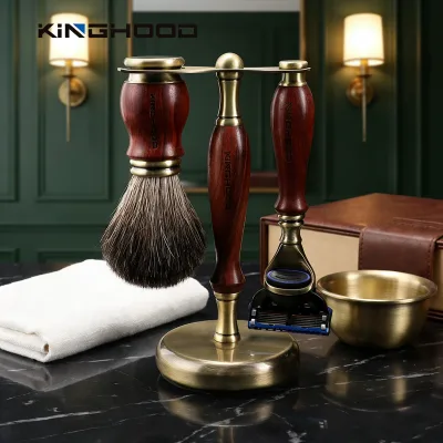 Wholesale OEM Mens Father Day Shaving Kit Double Edge Brush Stand Stainless Steel Private Label Safety Razor Gift Set