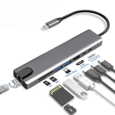 8 in 1 USB 3.0 Hub for Laptop Adapter PC PD Charge 8 Ports Dock Station RJ45 HD-Compatible TF/SD Card Macbook Type-C Splitter