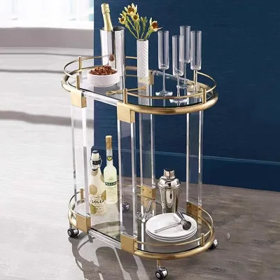 Modern 2-Tier Metal Kitchen Serving Cart with Wine Rack Holder Acrylic Bar Cart for Hotel & Restaurant Dining Storage Trolley
