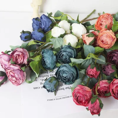 A-696 Artificial Burnt Edge Rose 5 Heads Roses Stem Silk Rose Flower Wedding Decoration