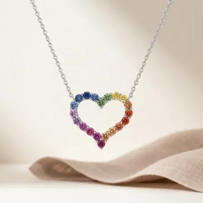 Romantic Rainbow Series 925 Sterling Silver Valentine's Day Gift Women Colorful Lab Grown Gemstone Hollow Heart Pendant Necklace