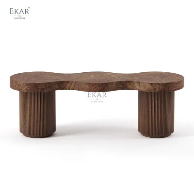 Modern Curved Burl Wood Bench Luxury Fluted Flank Stool Entryway Long Bench for Living Room Lobby