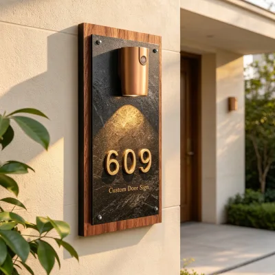 Custom Illuminated House Number Plaque Walnut Wood Slate Address Sign With LED Spotlight Outdoor Villa Hotel Homestay Wall
