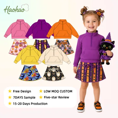 New Kids Festival Outfit Toddler Zip-Up Sweatshirt Bow-Tie Skirt Trick or Treat Photo Prop Athletic Girls Clothes Sets