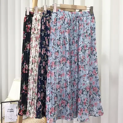 Spring Summer New Fashion Midi Skirt Women Floral Printing Retro Beach Boho High Waist Long Midi Pleated Skirts Elegant Chiffon