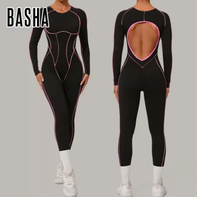 European and American three-dimensional cut color-matching long-sleeved yoga jumpsuit for high-intensity fitness