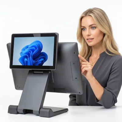 Aluminum POS Terminal Foldable Aluminum Alloy All in One Dual Screen 15.6+10.1 Inch for Café Store Wholesale Price