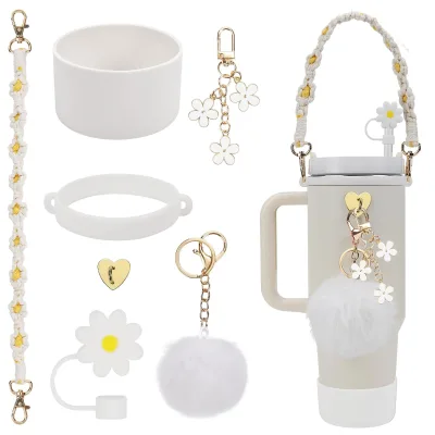 Factory Directly Supply Gift Box Silicone Daisy Shape Straw Topper Cover Cap Water Bottle Handle Strap