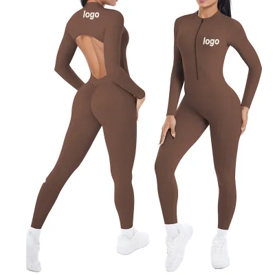 New Cross-Border Sports Bodysuit for Women Long-Sleeved Jumpsuit Beautiful Back Hollow Design Solid Color Fitness Best Bodysuits