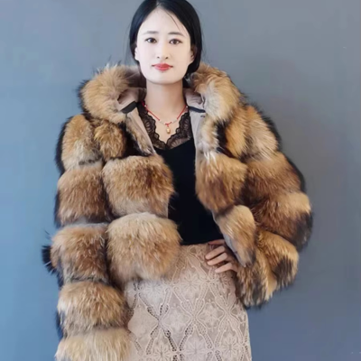Natural Raccoon  Fur  Long Sleeve Thick Striped  3 Rows Jacket Lady Women's Raccoon Fur Coat Hooded
