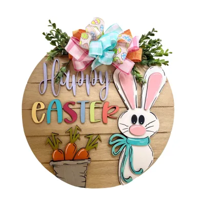 WOWEI Happy Easter Wooden Hanging Sign Easter Colorful Eggs Bunny Sign Door Decoration Farmhouse Porch Decor