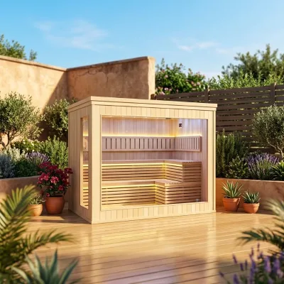 Modern and Simple Sauna Wooden Structure with a Large Area of Floor Glass