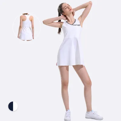 Custom Contrast Sleeveless V Neck  Workout Dresses Women Recerback Sportswear  Built in Shorts Women Tennis Dress