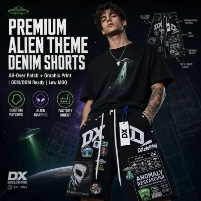 Custom 360GSM Black Baggy Denim Alien UFO Multi Patch Embroidered Logo Graphic Pocket Tech Label Streetwear OEM ODM Manufacturer
