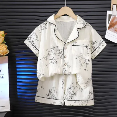 26Summer Breathable Detachable Lapel Pajamas Pure Cotton Short-sleeved Shorts Boys Girls Class Double-layer Gauze Home Wear Set