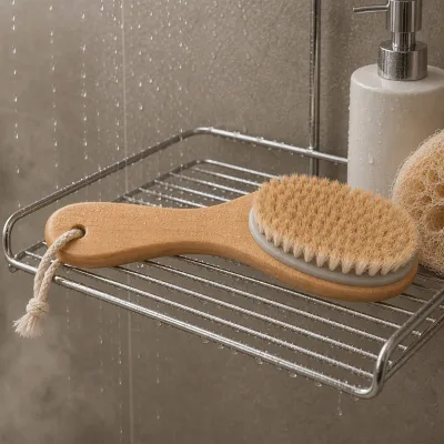 CF Natural Boar Bristle Wood Handle Exfoliating Lymphatic Cellulite Drainage Contoured Hanging Rope Bath Body Massage Brush