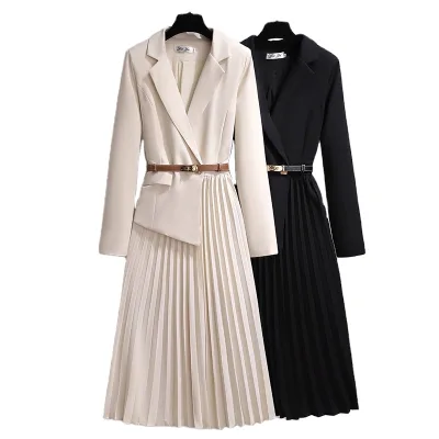 Women Style Suit Dresses Casual Lapel V-neck Solid Color Belt Long Sleeve Lady Office Women's Elegant Casual Dress