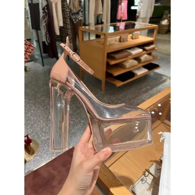 New Fashion Crystal Transparent Heels Buckle Strap Square High Heels Large Size Pumps Shoes Woman