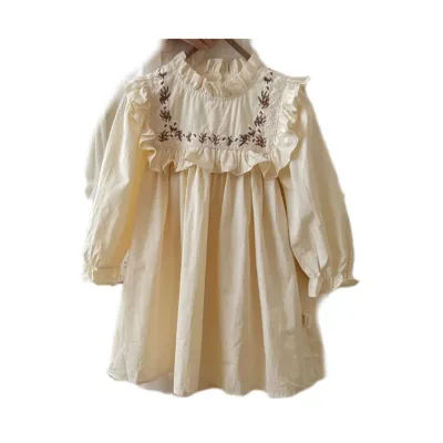 Flower Embroidery Print Casual 100% Cotton Girls 2025 Autumn Stand Collar Lotus Lace Long-sleeved Skirt